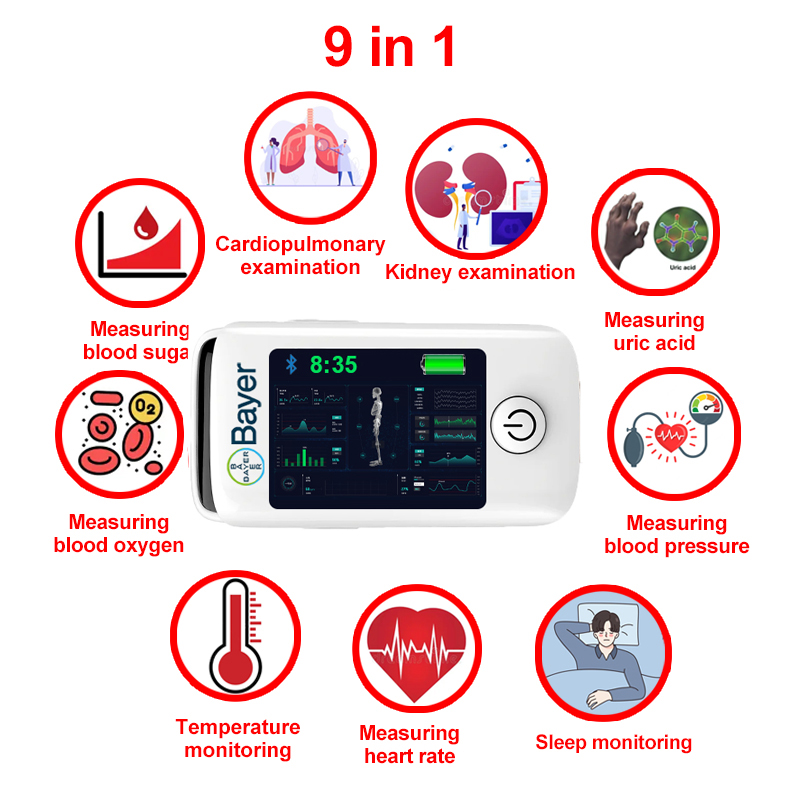 9 u 1 (neinvazivno mjerenje glukoze u krvi + mokraćna kiselina + kisik u krvi + otkucaji srca + krvni tlak + praćenje sna + praćenje tjelesne temperature + kardiopulmonalni pregled + pregled bubrega)
