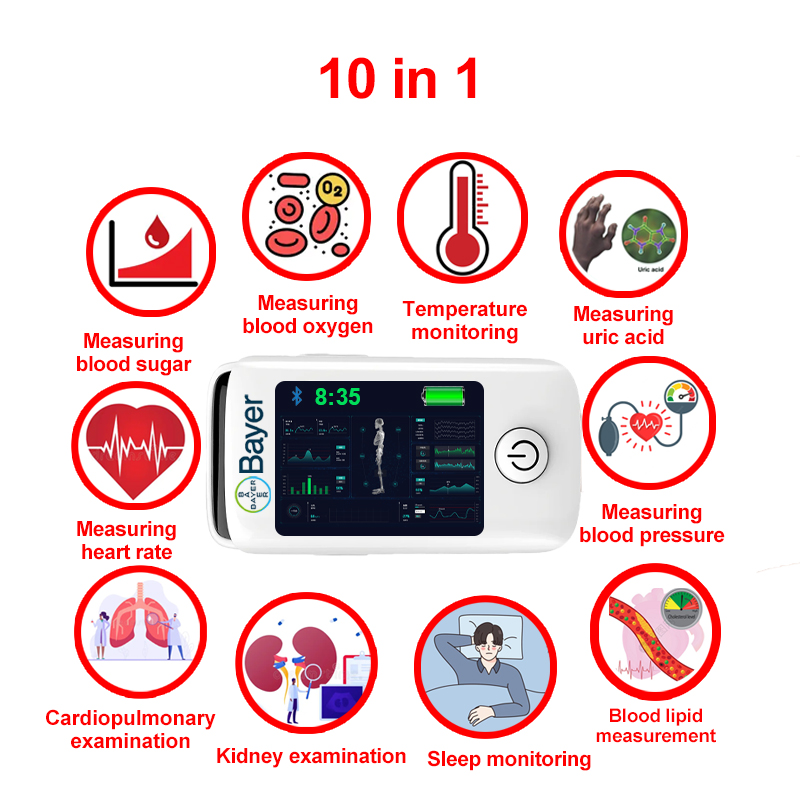 10 u 1 (neinvazivno mjerenje glukoze u krvi + mokraćna kiselina + kisik u krvi + otkucaji srca + krvni tlak + praćenje sna + praćenje tjelesne temperature + kardiopulmonalni pregled + pregled bubrega + mjerenje lipida u krvi)
